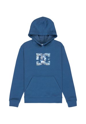 Niebieska bluza z kapturem, kieszenią z przodu i błyszczącym, srebrnym logo DC w marmurkowym wzorze na klatce piersiowej. Nie ma obecnej osoby.