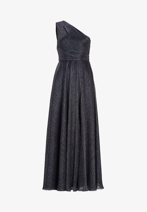 Jednoprstový dlhý plášť vyrobený z textúrovaného tmavého materiálu s jemným leskom. Priliehavá korzetová časť prechádza do voľného, plišového sukne.