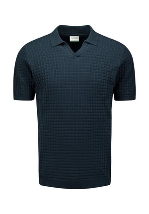 Donkerblauw kortarm polo shirt met een getextureerd ruitpatroon, V-hals ontwerp en ribbelkraag en -manchetten. Gemaakt van een lichtgewicht stof.