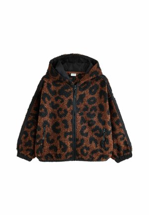 Brun og sort leopardprint hættetrøje med lynlås foran, elastiske manchetter og lynlåslommer i siderne, lavet af tekstureret fleece materiale.