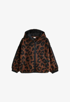 Brun og sort leopardprint hættetrøje med lynlås foran, elastiske manchetter og lynlåslommer i siderne, lavet af tekstureret fleece materiale.