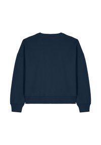 Sweatshirt court bleu marine à manches longues, col rond et poignets côtelés, fabriqué à partir d'un tissu doux avec une texture lisse.