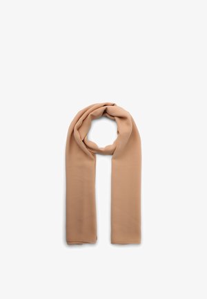 Soft beige scarf loosely looped on a white background, smooth fabric with clean edges, no patterns or embellishments.