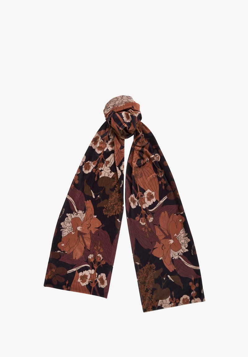 Blomster tørklæde med en mørk baggrund, der har rige jordfarver. Lavet af letvægtsstof, har det en blød tekstur og en elegant fald.