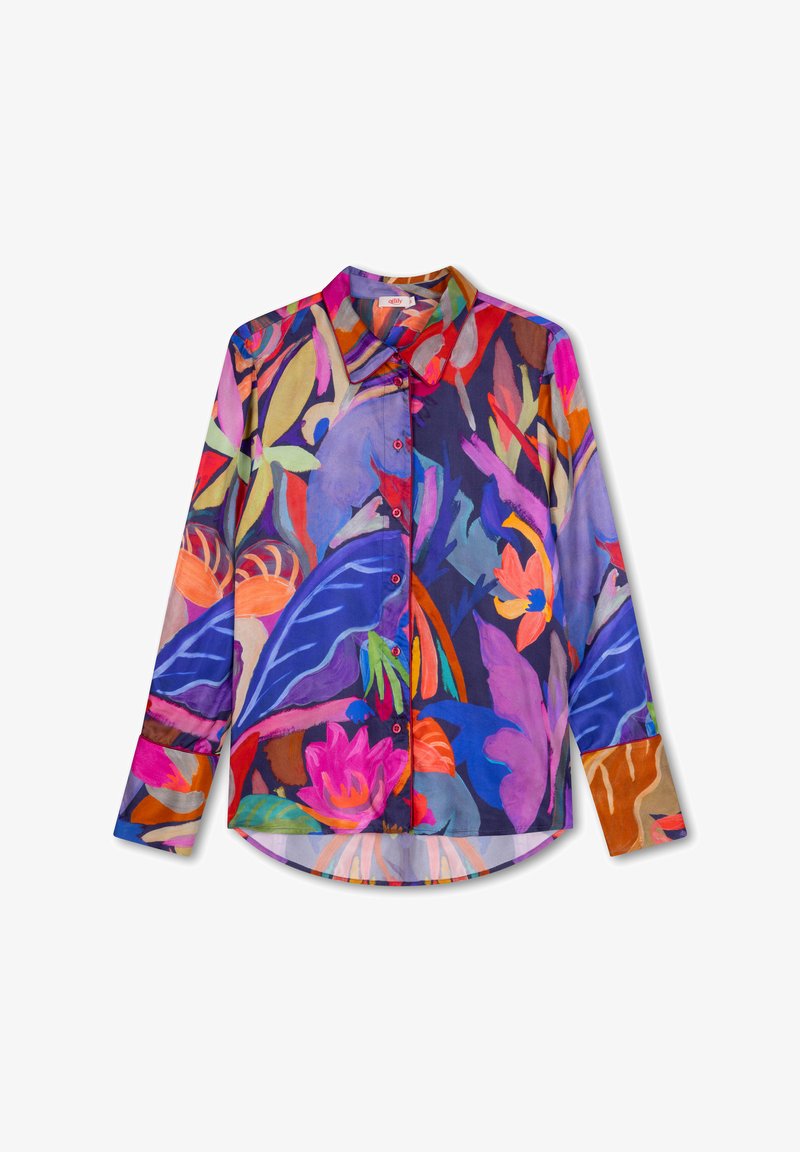 Kleurvol overhemd met lange mouwen, versierd met abstracte florale patronen in levendige tinten paars, roze, oranje en groen. Gemaakt van lichtgewicht stof.