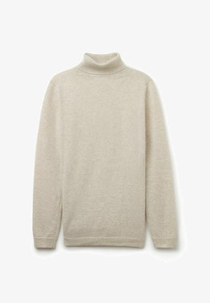 Ljusbeige polokrage tröja tillverkad av mjukt, texturerat tyg. Har långa ärmar och en kroppsnära design vid halsen.