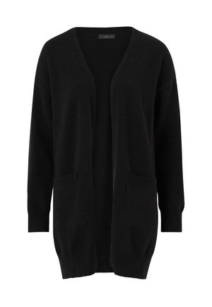 Schwarze Strickjacke aus einem weichen, strukturierten Stoff mit lockerer Passform, offenem Frontenteil, langen Ärmeln und zwei vorderen Taschen.