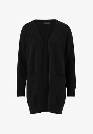 Black cardigan made of a soft, textured fabric featuring a loose fit, open front, long sleeves, and two front pockets.