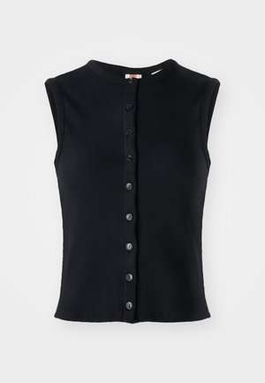 Top noir à côtes sans manches avec un col montant et une fermeture à boutons sur le devant comportant six boutons noirs, en tissu texturé et à coupe ajustée.