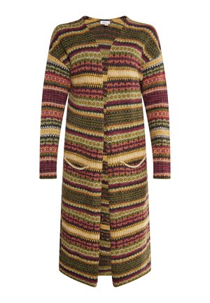 Gebreide cardigan met een meerkleurig gestreept patroon in groen, rood, geel en crème, met een open voorkant en twee voorzakken.