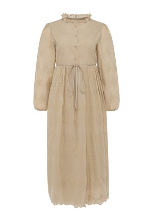 Beige langærmet midi-kjole med blomsterbroderi, knapper foran, flæsekrave og tyndt bånd i taljen.