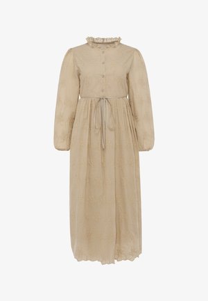 Beige langærmet midi-kjole med blomsterbroderi, knapper foran, flæsekrave og tyndt bånd i taljen.