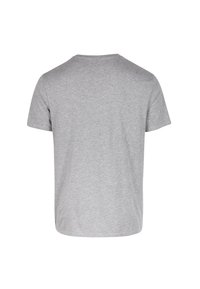 T-shirt gris à manches courtes avec un col rond, fabriqué en tissu de coton doux. Le dos est uni, sans aucune marque ou motif visible.