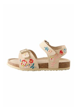 Beige children's sandal with cork sole, adjustable buckle and strap, decorated with colorful embroidered flowers on straps.