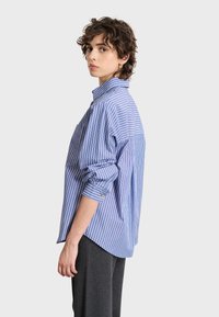Striped button-up shirt in blue and white cotton. Features rolled sleeves, a curved hem, and a relaxed fit with back pleat detail.