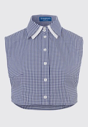 Blue and white gingham cropped shirt with a collar, short sleeves, and front button closure. Features a smooth texture and structured design.