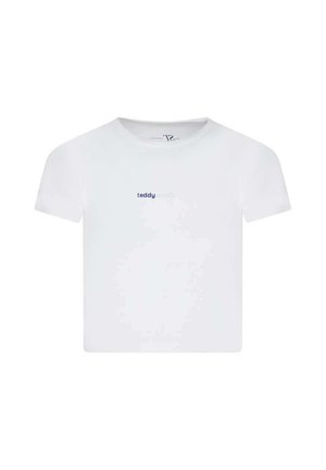 T-shirt blanc à manches courtes avec un petit texte centré « teddy smith » en police bleu foncé et bleu clair sur la poitrine.