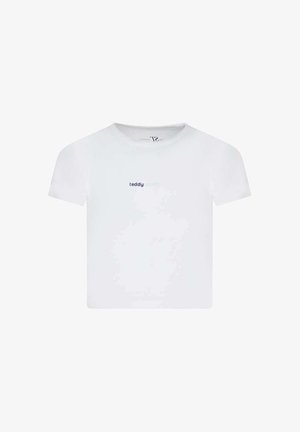 T-shirt blanc à manches courtes avec un petit texte centré « teddy smith » en police bleu foncé et bleu clair sur la poitrine.
