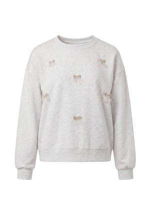 Lysegrå langærmet sweatshirt med rund halsudskæring, dekoreret med små beige sløjfer jævnt fordelt på fronten og ærmerne.