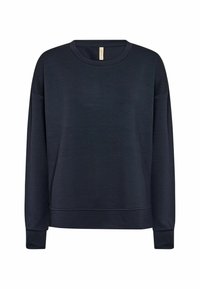 Navy blue sweatshirt made of soft material, featuring a round neckline, dropped shoulders, and long sleeves with ribbed cuffs.