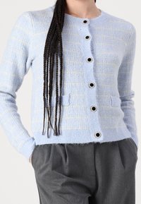 Svetle modrý cardigan ze strukturované tkaniny s kostkovaným vzorem, černými knoflíky se stříbrnými akcenty a dvěma předními kapsami.