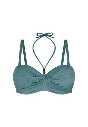 Turkusowy bikini bandeau wykonane z gładkiego materiału, z zaprojektowanym skręconym przodem, regulowanymi ramiączkami oraz złotym akcentem na środku.