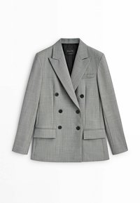 Blazer grigio doppiopetto con rever a sottogola, due tasche anteriori e bottoni neri. Realizzato in tessuto testurizzato con un motivo sottile.