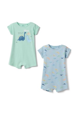 Due body per neonati a maniche corte, uno verde menta con un dinosauro blu e scritta, l'altro azzurro chiaro con motivi di dinosauri multicolore.