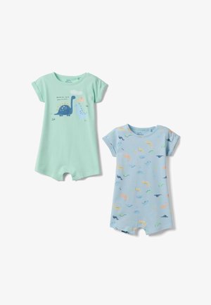Twee korte mouw babyrompertjes, één mintgroen met een blauwe dinosaurus en tekst, de andere lichtblauw met veelkleurige dinosauruspatteren.