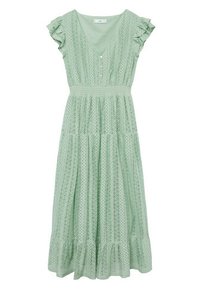 Robe longue verte en tissu texturé, avec un décolleté en V, des manches à volants, une fermeture à boutons et une jupe à volants ornée de motifs complexes.