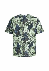 T-shirt à manches courtes pour hommes avec imprimé de feuilles tropicales vertes et bleues sur fond noir, vu de dos.
