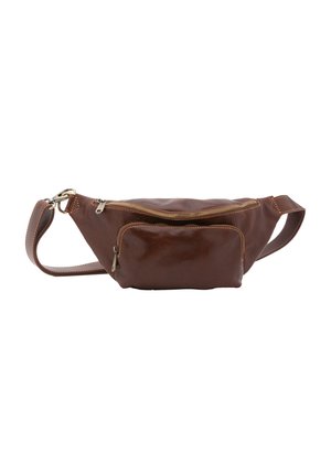Sac banane en cuir marron avec un compartiment principal zippé, une poche avant et une sangle réglable. Doté de fermetures éclair en métal doré.