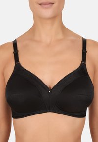 Reggiseno nero con coppe lisce e strutturate, bordato in pizzo, spalline regolabili e un accentuato decoro a perla al centro.
