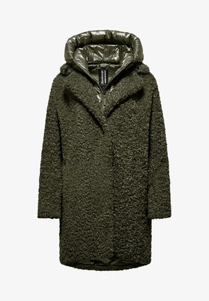 Olive green coat featuring a fluffy, textured outer layer with a padded, shiny hood. It has a zip closure and wide lapels.