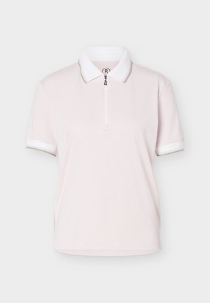 Heleroosa lühikeste varrukatega polo särk valge krae ja mansettidega, esiküljel lukk ja vasakul varrukal diskreetne logo.