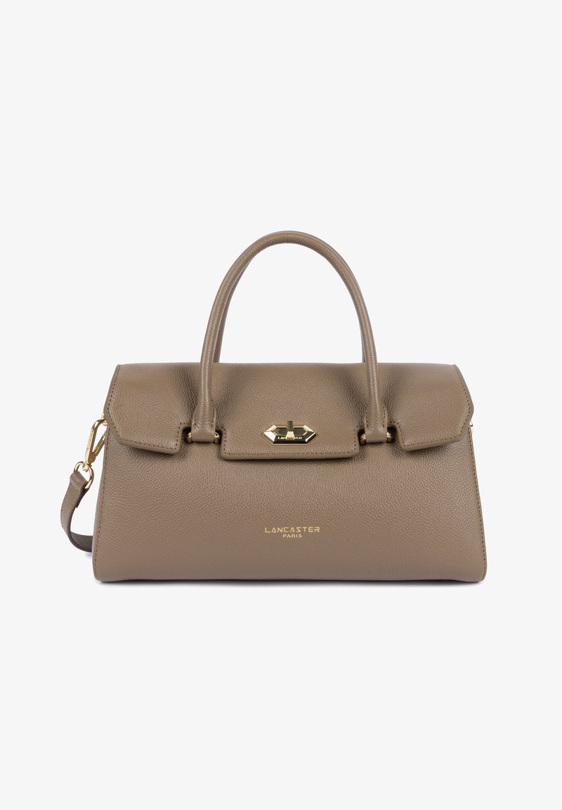 Borsa in pelle taupe con design strutturato. Presenta un clasp in metallo dorato e logo in rilievo. Include manici doppi e una tracolla removibile.