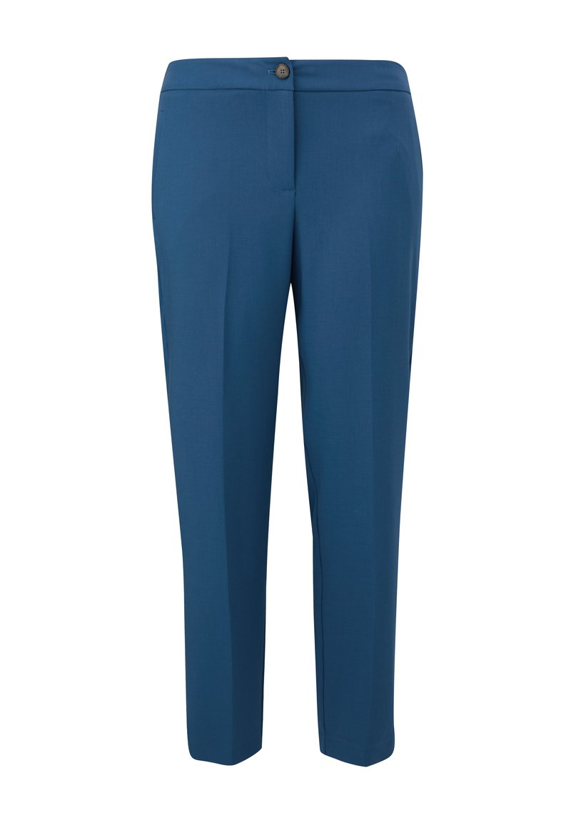 Pantaloni blu in un tessuto morbido. Design sartoriale con gamba dritta, chiusura con bottone e tasche frontali minimaliste.