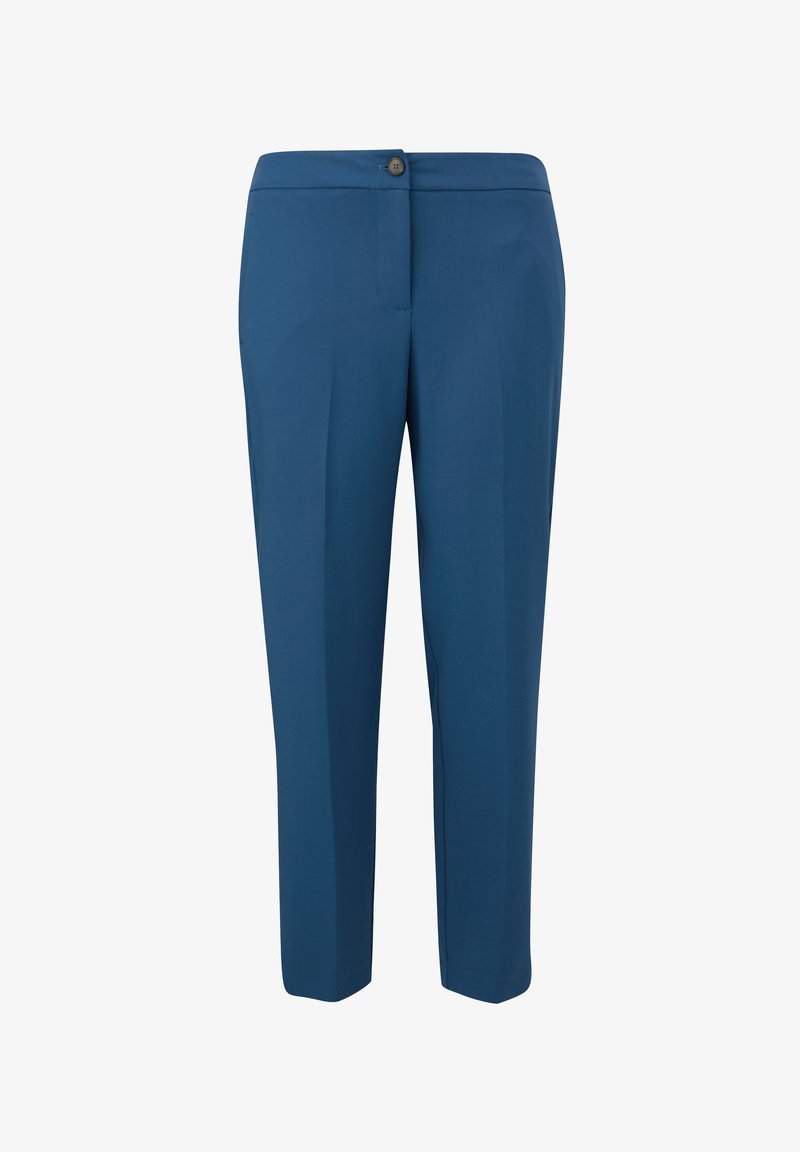 Blaue Hose aus glattem Stoff. Maßgeschneiderter Schnitt mit geradem Bein, Knopfverschluss und minimalistischen Fronttaschen.