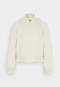 Veste bomber beige clair en tissu texturé. Présente un col côtelé, une fermeture à boutons et des accents rayés sur les manches et l'ourlet.