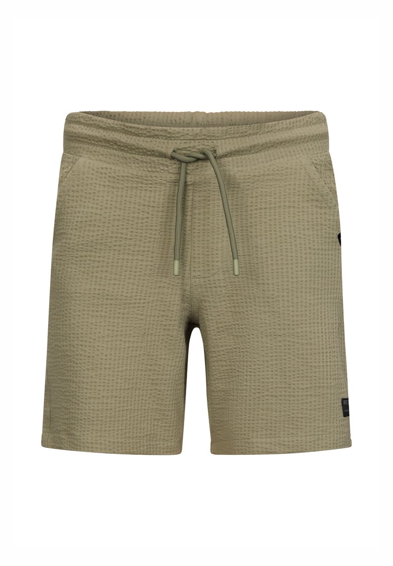 Pantaloni corti verde oliva con un motivo a nido d'ape. Vita elasticizzata con cordoncino e tasche laterali. Piccolo dettaglio logo di lato.
