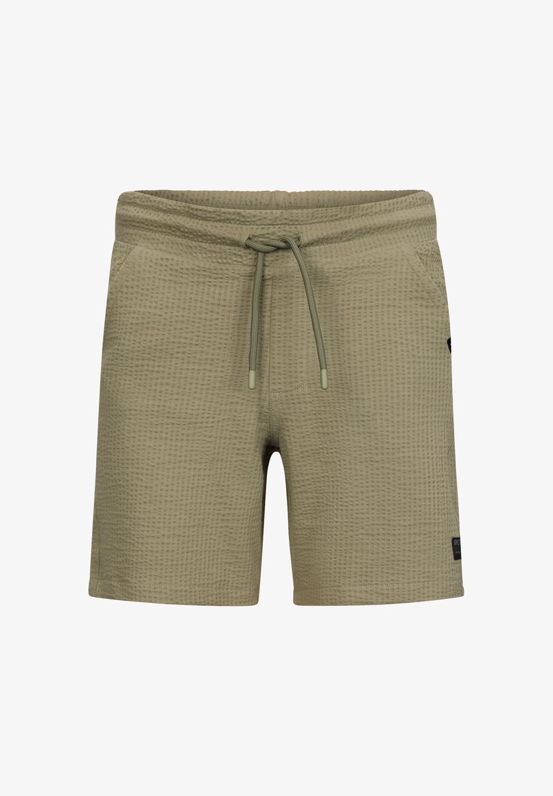 Pantaloni corti verde oliva con un motivo a nido d'ape. Vita elasticizzata con cordoncino e tasche laterali. Piccolo dettaglio logo di lato.