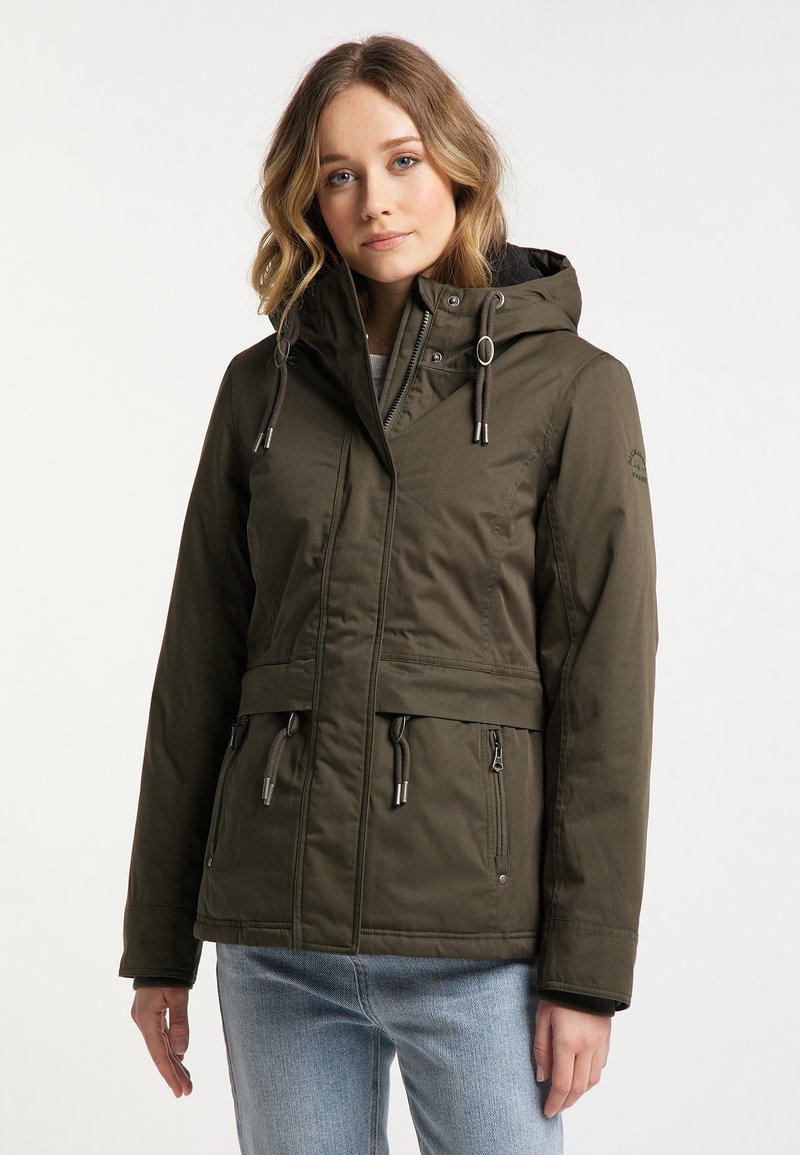 Dunkelgrüne Kapuzenjacke mit Reißverschluss und Druckknopfverschluss, Kordelzügen und seitlichen Reißverschlusstaschen, aus einem leicht strukturierten Stoff.