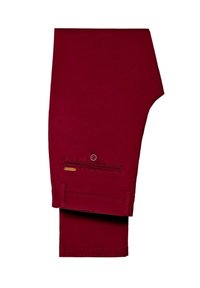 Maroonské kalhoty s hladkou strukturou, s knoflíkovou kapsou na zadní straně a malou logo nášivkou na kapse. Rovný střih nohavic s přiléhavým fit.