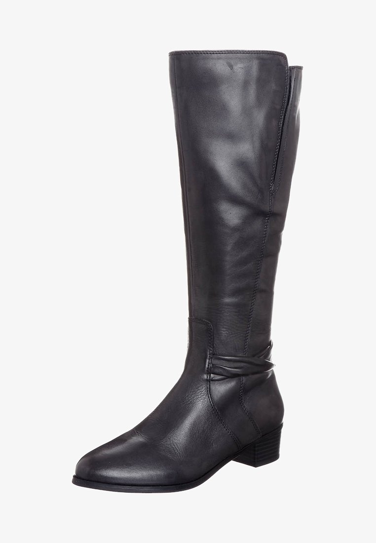 Knähöga svarta läderstövlar med en slät yta, rund tå och låg blockklack. Har en subtil omslag detalj vid vristen.