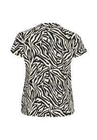 Bluză cu mânecă scurtă, cu un model de dungi zebra alb-negru, guler rotund și o croială lejeră cu un tiv drept.