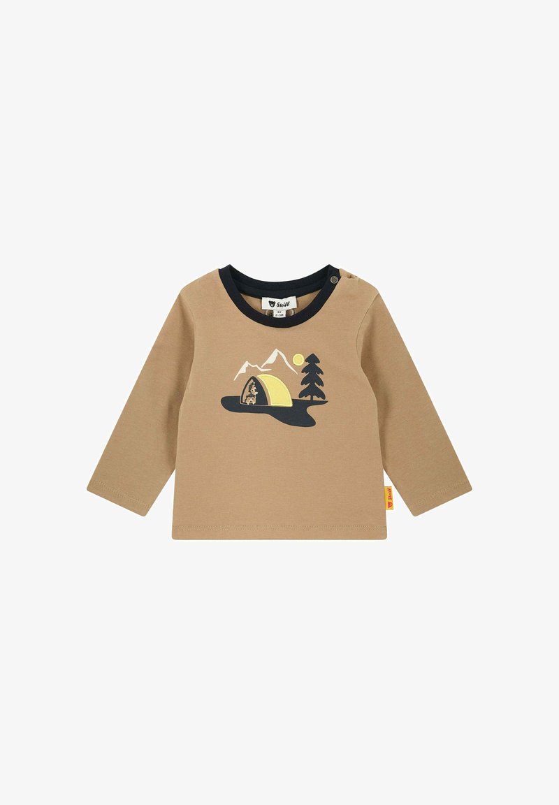 Camicia beige a maniche lunghe con colletto blu navy, presenta una grafica di una scena da campeggio con montagne, tende e alberi; realizzata in morbido materiale di cotone.