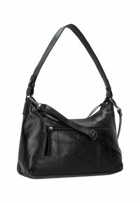Borsa a spalla in pelle nera con una sola tracolla regolabile. Caratterizzata da una tasca frontale con zip e una texture morbida e liscia con una leggera lucentezza.
