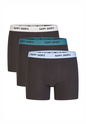 Three pairs of dark gray boxers with elastic waistbands. The top and bottom bands are white, and the middle band is teal, all with "HAPPY SHORTS" printed.