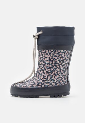 Kinder-große marineblaue Regenstiefel mit rosa-weißem Blumenmuster, marineblauem Bündchen und verstellbarem weißen Zugbandverschluss.