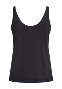 Top sin mangas negro hecho de algodón suave. Presenta un cuello redondeado y un dobladillo recto. Sin patrones ni adornos visibles.